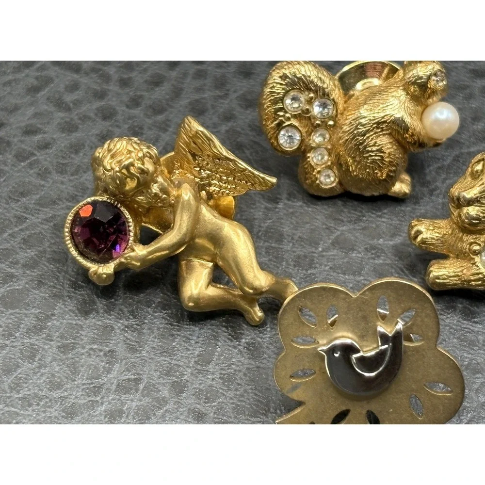 Vintage Lot Of 4 Rhinestone Lapel Pin Lot Cherub Squirrel Rabbit Bird Gold Tone
